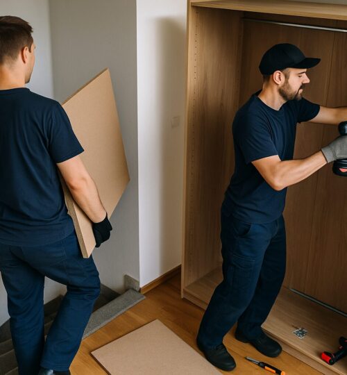 Entrümpelung – zwei Mitarbeiter tragen Schrank aus Keller in Fulda