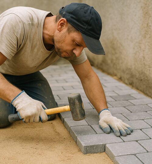 Entrümpelung - Ein Mitarbeiter setzt Steine in Fulda