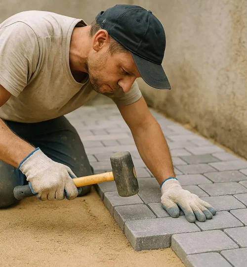 Entrümpelung - Ein Mitarbeiter setzt Steine in Fulda